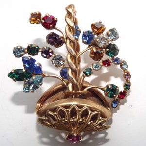 Vintage Rhinestone Flower Basket Brooch Gold Tone Metal Multi-coloured