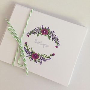 Thank You Cards - Floral.Hand Drawn, Colored Ink Floral Thank you Card. 4pc Sets. Blank Inside. Wedding Thank You Cards. Purple Flora Design
