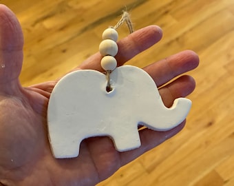 White Elephant Ornament/Clay White Elephant Gift/Baby Ornament/Elephant with Wood Beads/Baby Nursery/Baby Ornament/Christmas White Elephant