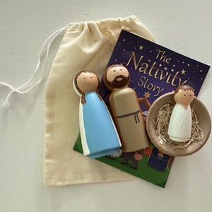 Hand Painted Nativity Wood Peg Doll Set with Storybook