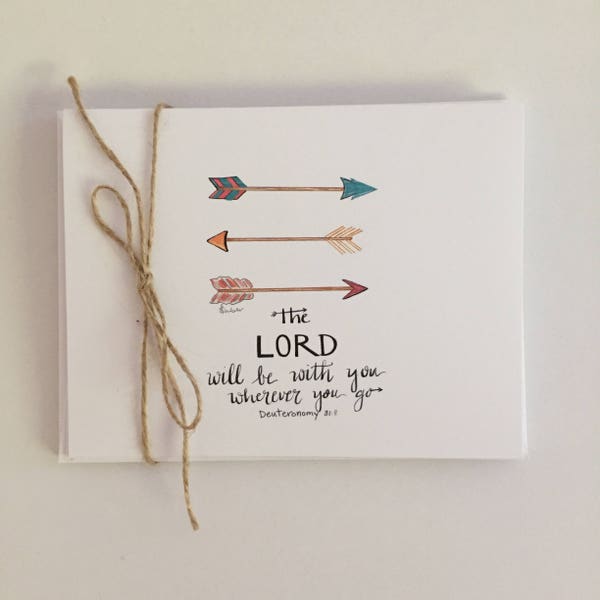 Graduation Scripture Card - The Lord will be with you wherever you go. Hand drawn arrow design. Graduation Cards. College Student/Teens.