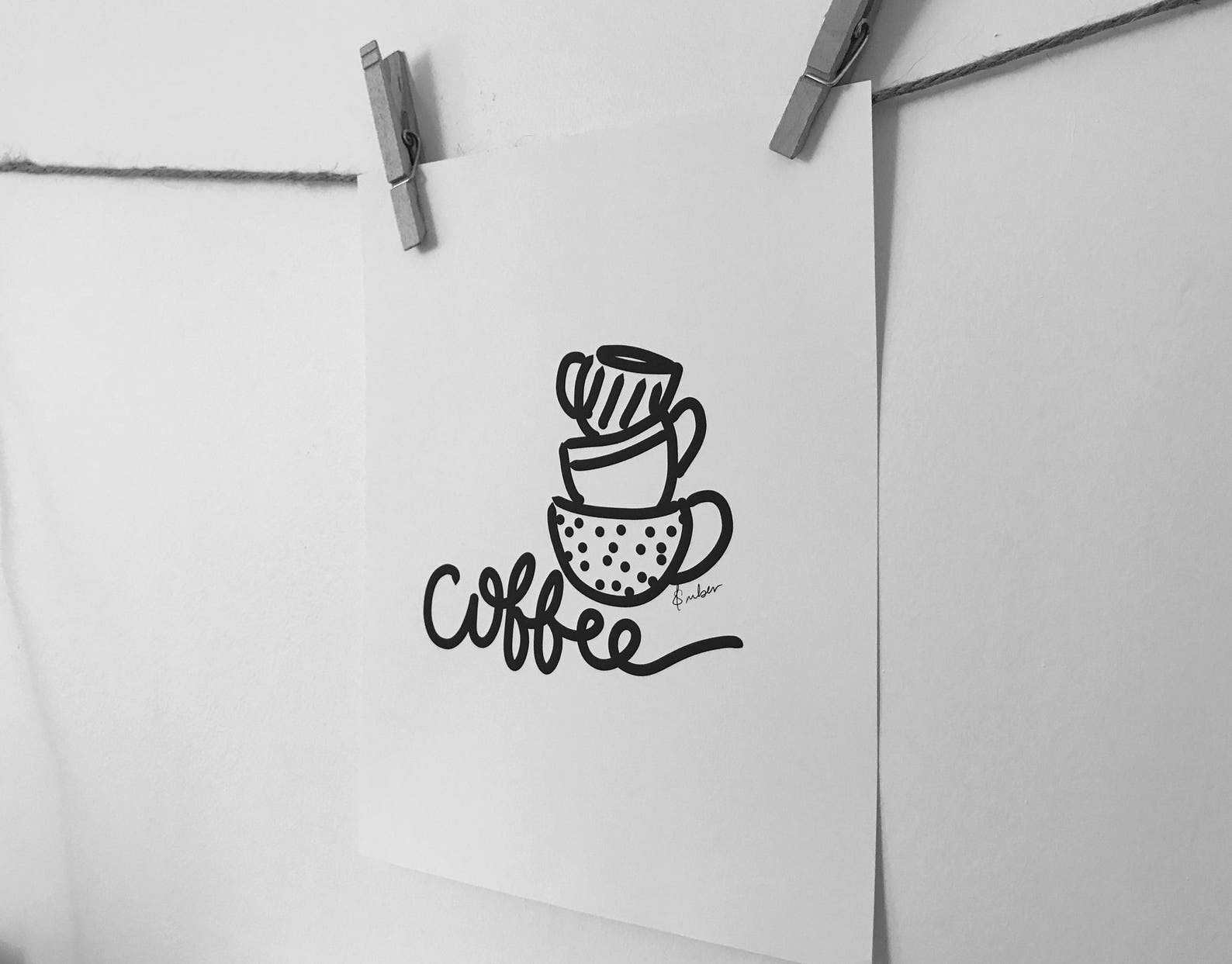 Coffee Cup Print 8.5x11 Black and White Print. Coffee Lover Etsy