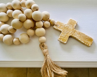 Wood Bead Garland with Clay Cross/Farmhouse Style Decor/Handmade Tassel /Prayer Beads/Easter Gift/Home Accent/Gift for Home/Gift for Her