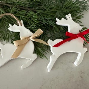 Reindeer Ornament, Handmade Clay Reindeer Ornament, Christmas Tree Ornament, Place Setting Decor, Hostess Gift, Ornament Gift, Red/Gold Bows