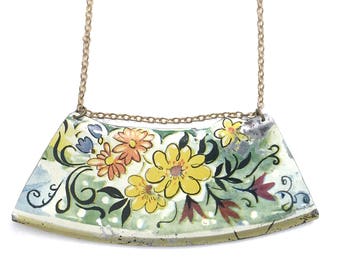 floral bohemian necklace - vintage tin jewelry - recycled sustainable gold bin necklace