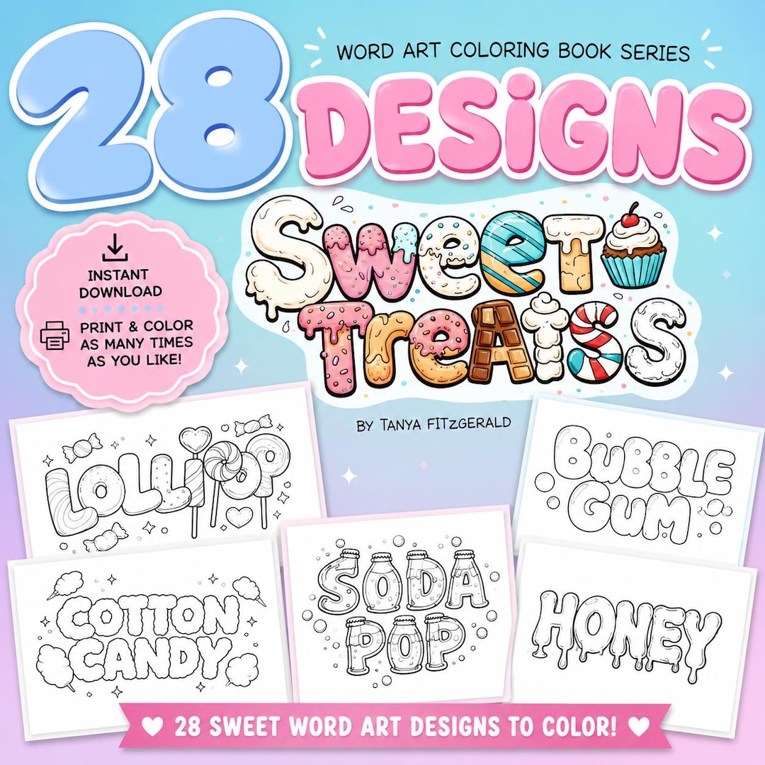 Sweet Treats Word Art Coloring Pages – Landscape Printable PDF (instant ...