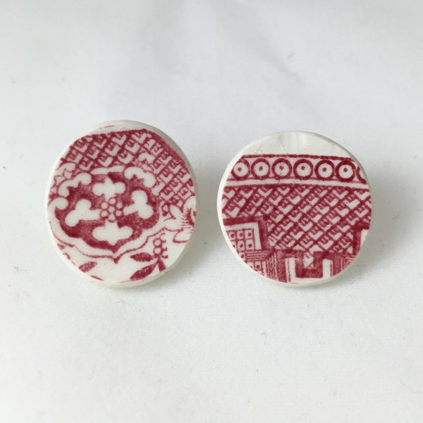 Broken China jewelry- Red willow round post earnings- upcycled China