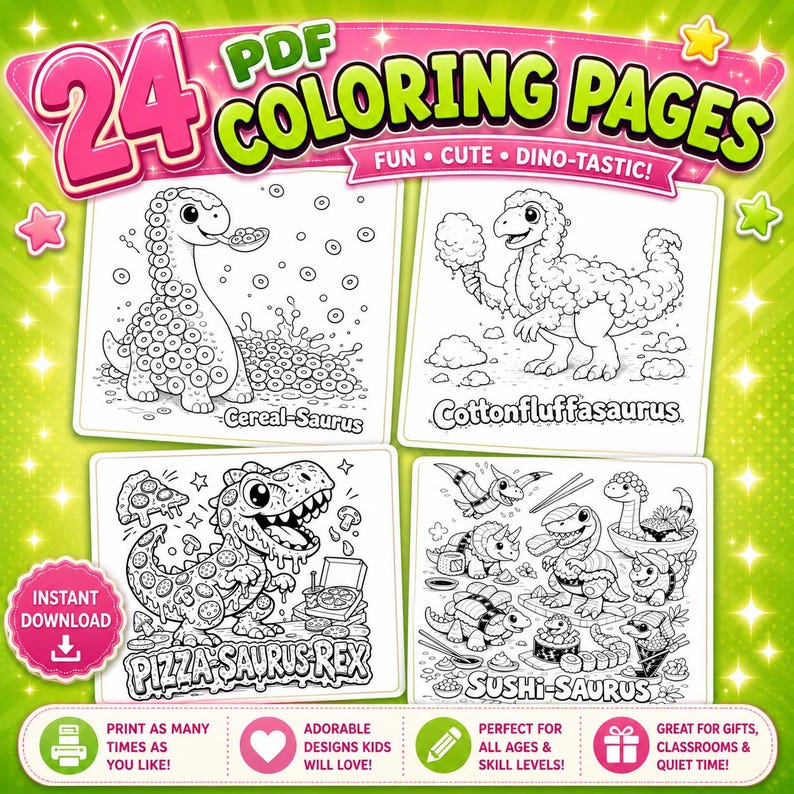 Food-o-saurus Dinosaur Coloring Pages: Fun Food Mashups (24 PDF) - Etsy