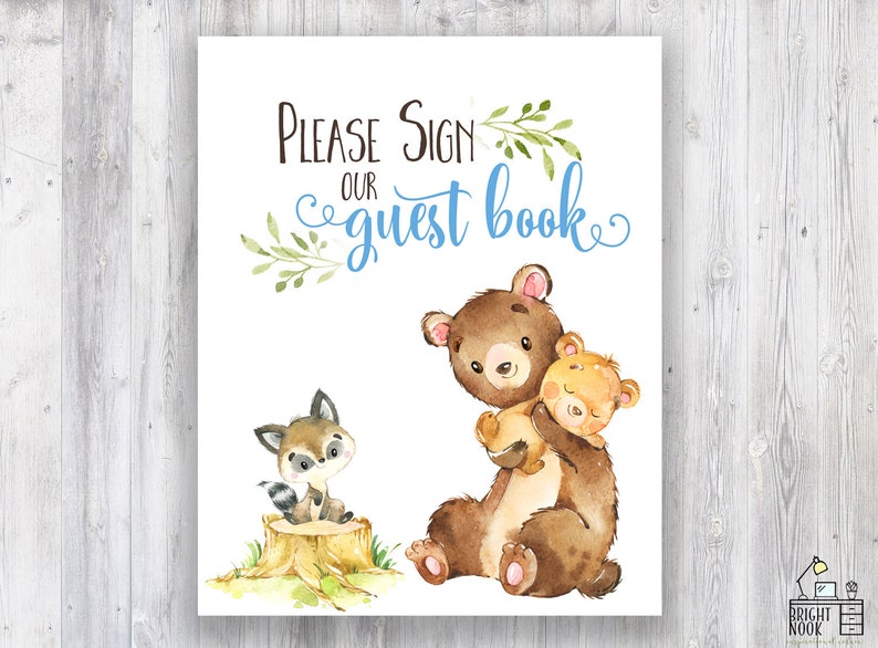 Baby Bear Baby Shower Sign Printable Woodland Guest Book Sign Etsy