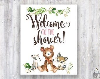 Baby Bear Baby Shower Printable Woodland Welcome Sign Sign Pink and Brown Forest Baby Shower Decoration Girl Welcome Shower BS25