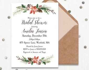 Winter Bridal Shower Invitation, Christmas Bridal Shower, Holiday Bridal Shower, Rustic, White Roses, Winter Greenery, White CBR01