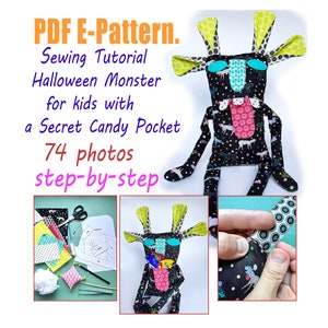 Pdf E-Pattern. DIY Halloween Monster Sewing Guide, Step by step tutorial, monster doll pattern sewing, stuffed toy pattern