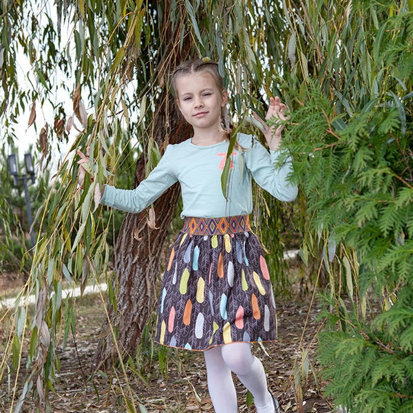 Girl's skirt, brown skirt, cotton skirt, elastic waist skirt,  twirl skirt, feather print skirt, skirt with pockets