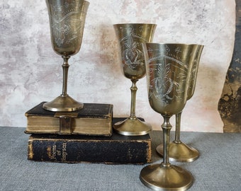 Engraved Silver plated wine goblets, 4 vintage wine cups, English,Edwardian classical table mid century, barware, dinning table, party