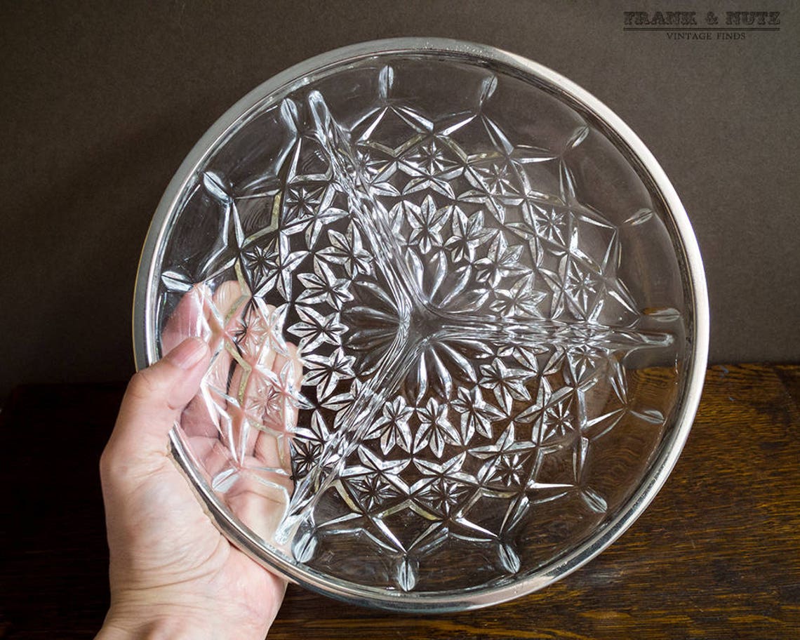 Vintage round glass divided serving tray with metal edge Etsy