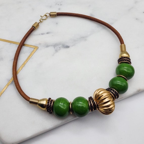 Striking leather and green ceramic beads necklace… - image 3