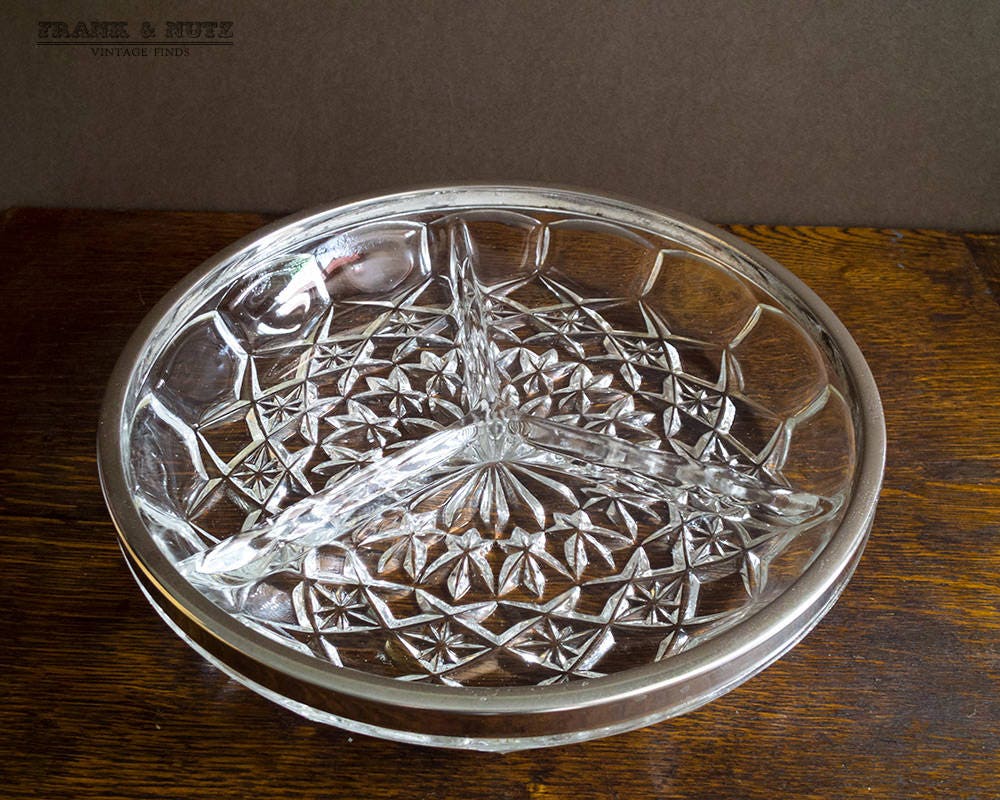 Vintage round glass divided serving tray with metal edge Etsy