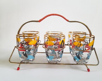 Vintage set of 6 French atomic 50s liqueur glasses with holder, enamelled glasses gold rim, large aperitif shot glasses, retro barware