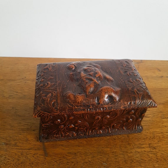 Trinket box Real Leather Brown Box Hand Tooled Leather Jewelry Box Embossed Genuine Leather Box Gift for Her Vintage Box
