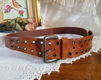 Vintage Boho leather belt, Miss Selfridge belt, perforated beach summer belt, leather belt, tan leather belt, unisex belt