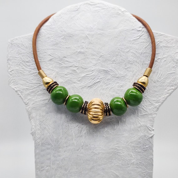 Striking leather and green ceramic beads necklace… - image 1