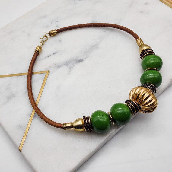 Striking leather and green ceramic beads necklace… - image 2