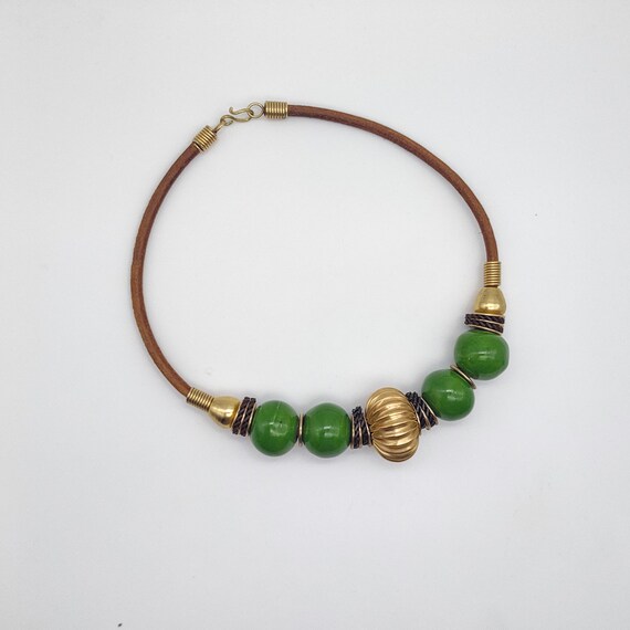 Striking leather and green ceramic beads necklace… - image 5