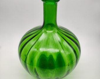 Vintage green glass bottle, decanter, bulbous shape bottle , barware jug, simple decanter, dinner party table, venetian glass