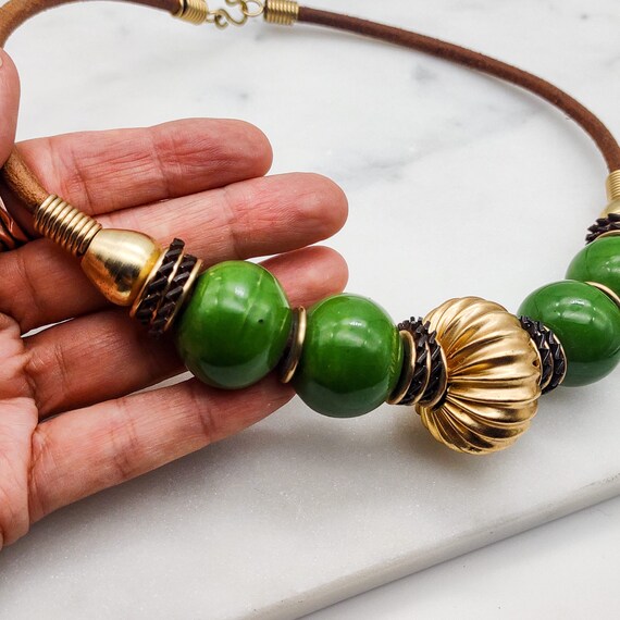 Striking leather and green ceramic beads necklace… - image 7