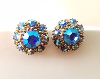 VINTAGE SPHINX Ohrringe,türkis blaue Ohrringe, runde Retro Ohrringe, 50er 60er Ohrringe, Strass Ohrringe, Ohrclips, Kostüm