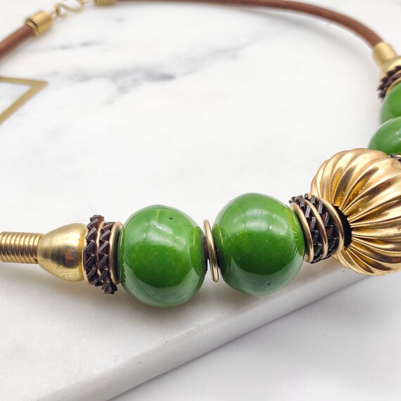 Striking leather and green ceramic beads necklace… - image 4