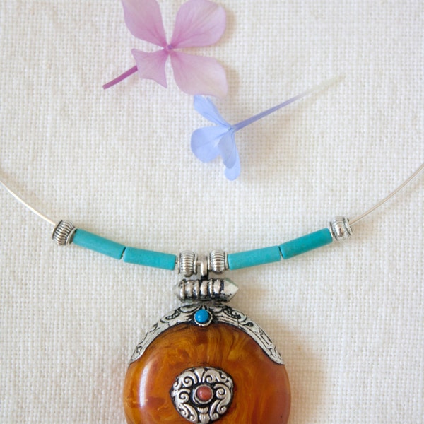 Ethnic Tibetan, copal amber necklace amulet pendant silver Tibetan Ghau, Boho, Choker Gypsy