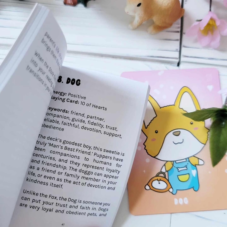 May include: A pink and white card with a cartoon illustration of a dog wearing overalls and holding a clock. The card has the word "DOG" printed on it. The text on the card reads "8. DOG Energy: Positive Playing Card: 10 of Hearts Keywords: friend, partner, companion, guide, fidelity, trust, reliable, faithful, devotion, support, obedience The deck's goodest boy, this sweetie is truly 'Man's Best Friend'. Puppers have been companions to humans for centuries, and they represent loyalty and friendship. The doggo can appear as a friend or family member in your life, or even as the act of devotion and kindness itself. Unlike the Fox, the Dog is someone you can put your trust and faith in. Dogs are very loyal and obedient pets, and"