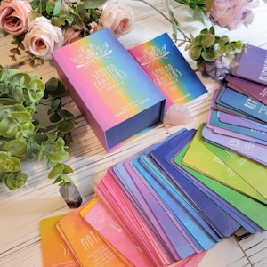 K&ouml;nnte beinhalten: Ein Deck Spread Crafters Oracle Karten mit einem Regenbogen-Farbverlauf als Hintergrund. Die Karten sind aufgef&auml;chert, um die verschiedenen Farben und Designs zu zeigen. Die Schachtel f&uuml;r die Karten ist lila mit einem Regenbogen-Farbverlauf und dem Text "Spread Crafters Oracle" in Wei&szlig;.