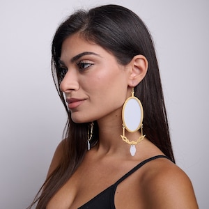 Art Deco Statement Earrings – 24K Gold Plated Brass with White Acrylic – Sterling Silver Hooks – “Victorian” Oversized Drop Earrings