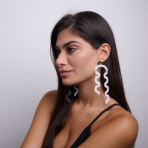 Dangle Earrings, Squiggle Earrings, Gold and White Earrings, Acrylic Earrings, Gift for her, Asymmetry Earrings,  &quot;Medusa&quot; earrings