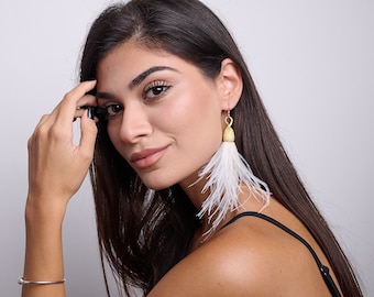 Pendientes con borlas de plumas blancas, borlas de plumas de avestruz, pendientes boho, pendientes de novia boho, pendientes de boda para novias boho