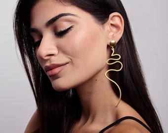 Squiggle Earrings, Dangle Snake Earrings, Gold Drop Earrings, One Line Earrings, Gift for her, Laka Luka Linear Design "Squiggle" earrings