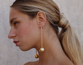 Sphere Earrings, Statement Earrings, Christmas Gift, Gold Earrings, planetary spheres,  long drop earrings, Laka Luka Design Jewelry