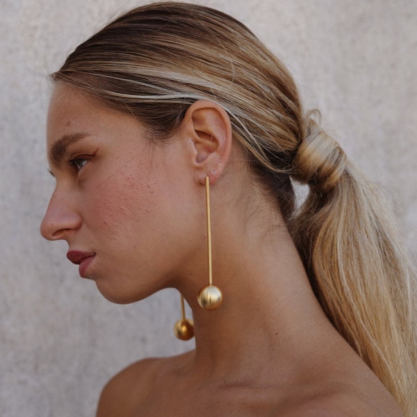 Sphere Earrings, Statement Earrings, Christmas Gift, Gold Earrings, planetary spheres,  long drop earrings, Laka Luka Design Jewelry