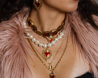 Gold Red Heart Jewelry Set – Red Enamel Charms, Pearls and Lockets Necklace & Earrings, Elegant Romantic Christmas Jewelry