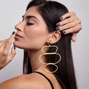 Contemporary Statement Earrings, Oversized Gold Earrings, Linear Earrings, Ethic Design Earrings, Original Laka Luka Design "Pebble"