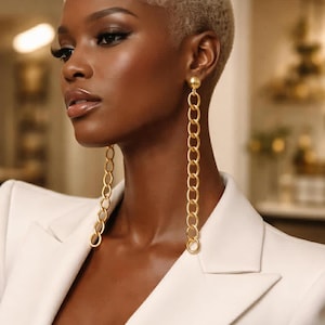 Gold Shoulder Duster Chain Earrings, Extra Long Statement Studs, Elegant Lightweight Jewelry for Cocktails & Power Suits