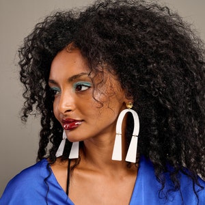 Clip On White Dangle Earrings. Acrylic 70s Earrings. African Inspired Large Earrings. Statement Lightweight Earrings