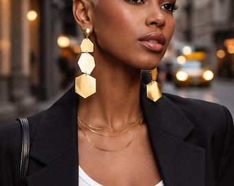 24K Gold Plated Geometric Statement Earrings – Shoulder-Grazing Long Drop – Handmade Greek Designer