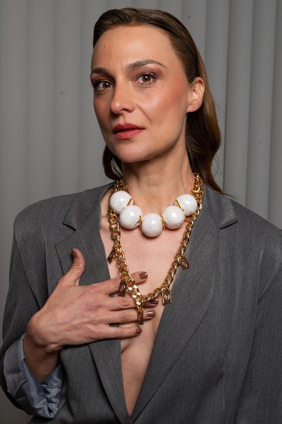 Statement Gold Chain & White Bead Necklace Set: Layered Artisan Choker Jewelry