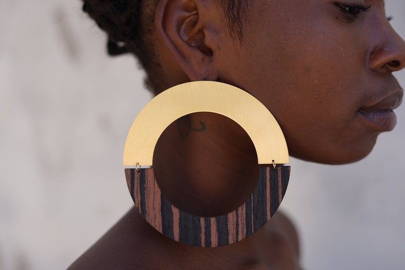 Oversized Earrings. African Earrings, Geometric Wooden Earrings, Statement Earrings, Large Hoop Earrings, Wooden Earrings / Laka Luka Design image 2