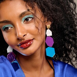 Purple Blue Geometric Acrylic Earrings – Long Statement Dangle Jewelry, Bold Colorful Hexagon Earrings