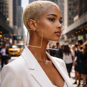 Op de afbeelding: Een persoon met kort blond haar draagt grote, dunne, goudkleurige vierkante oorringen en een strakke witte blazer. Het zijaanzicht benadrukt de geometrische vorm van de oorbellen tegen de huid, wat zorgt voor een gedurfde uitstraling.