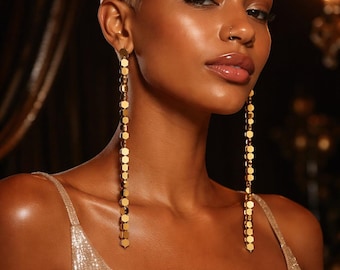 Hematite Statement Earrings: Gold Plated Stainless Steel Studs, Long Dangle